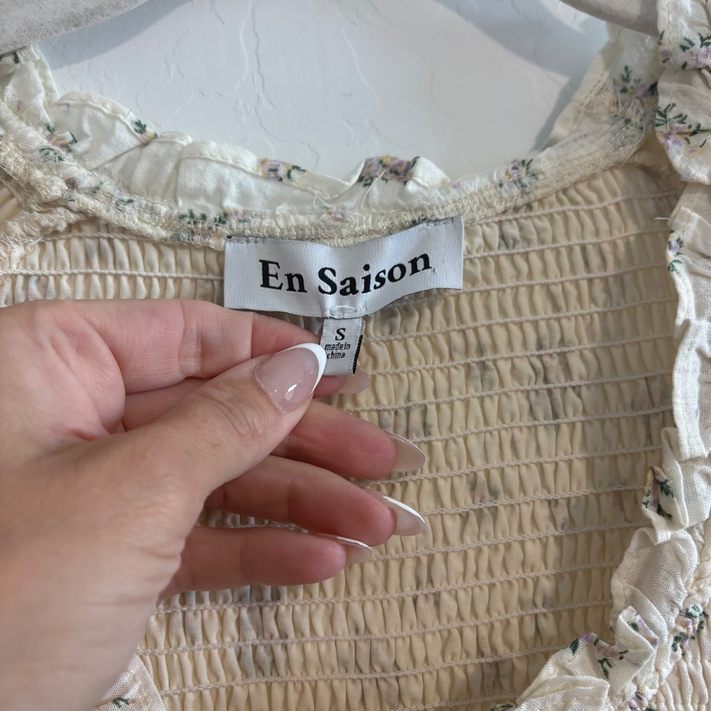 En‎ Saison Refine Vintage Floral Smocked Tiered Mini Dress Natural Cream Small - Picture 6 of 9